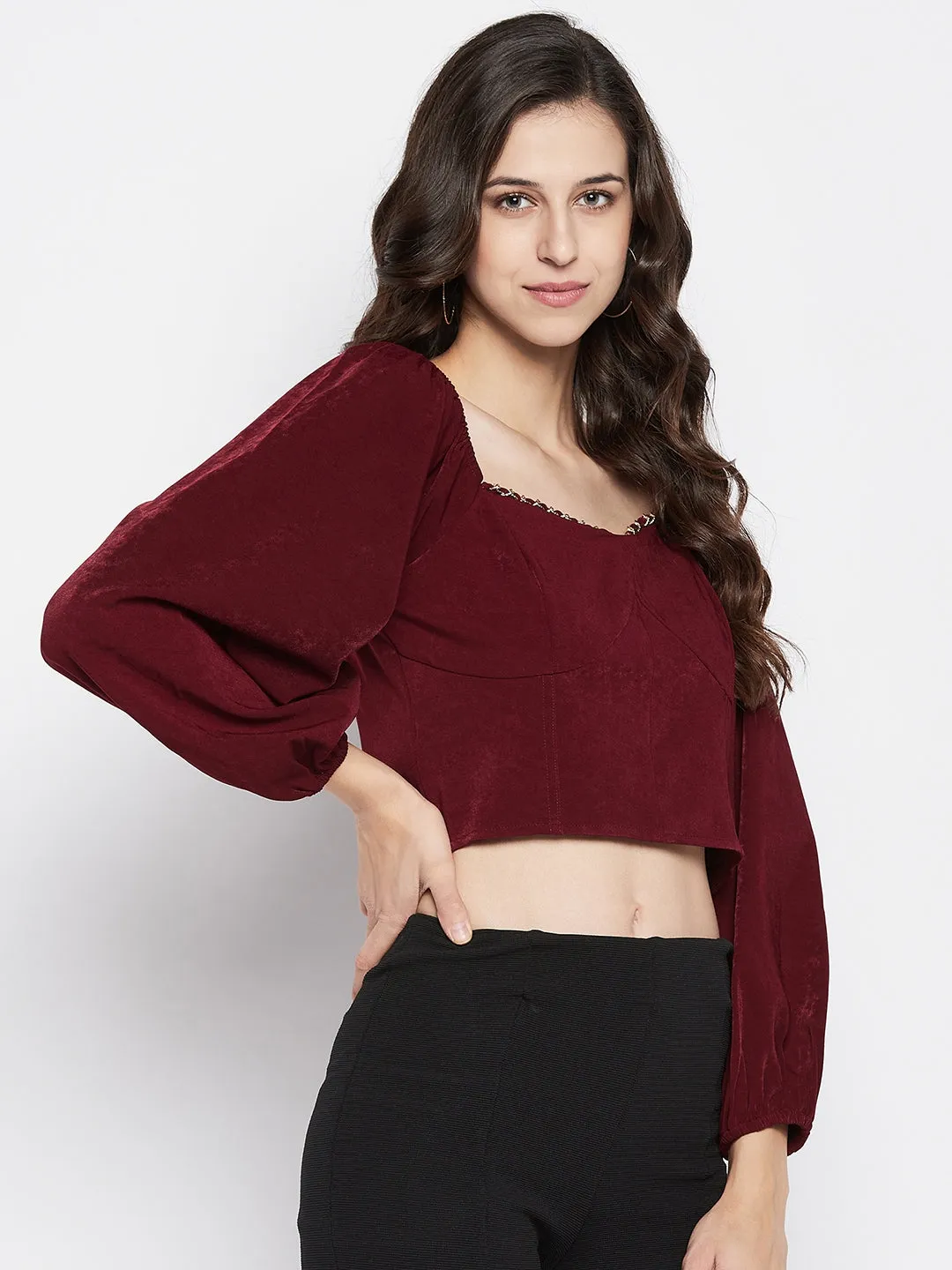 Madame Sweetheart Neckline Puff Sleeve Maroon Crop Top