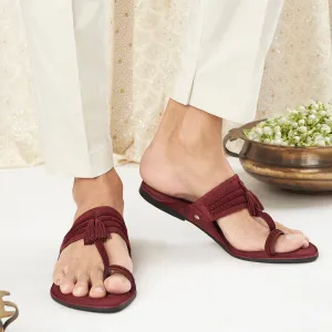 Maroon Braided Suede Kolhapuri Slippers For Men