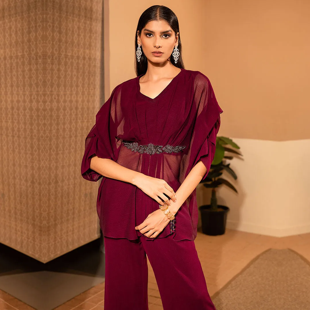 Maroon Pleated Tunic And Palazzo Set