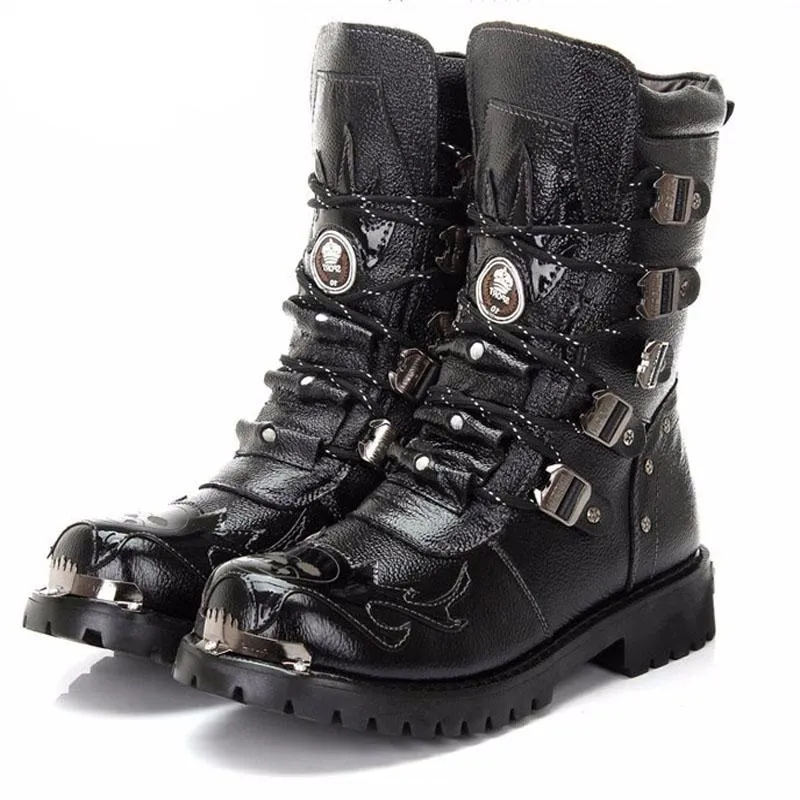 Men Military Boots Leather  Metal Gothic Punk Boots