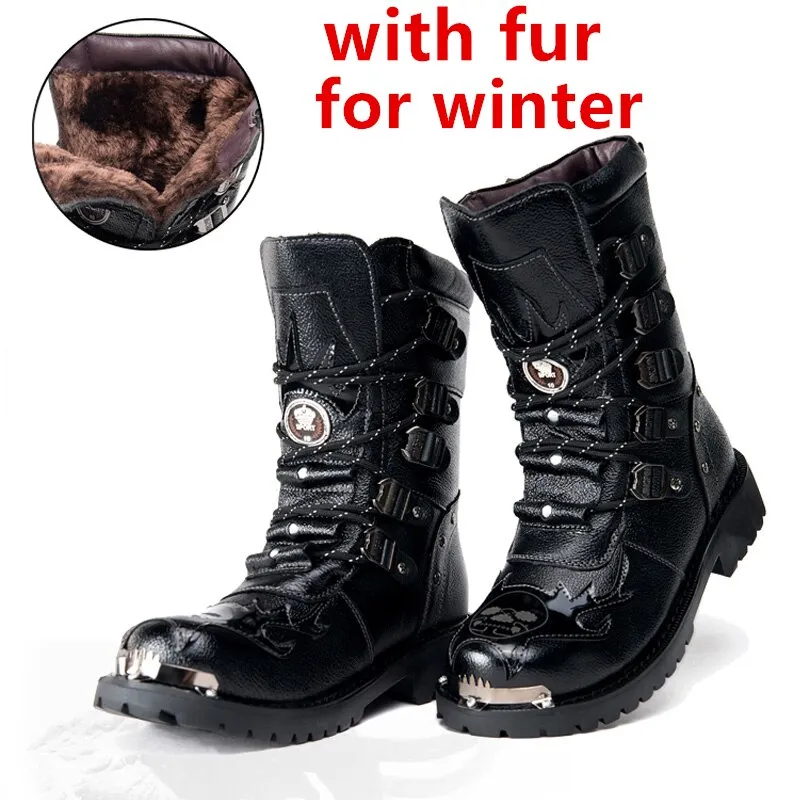 Men Military Boots Leather  Metal Gothic Punk Boots