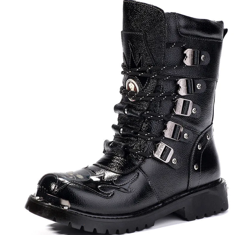 Men Military Boots Leather  Metal Gothic Punk Boots