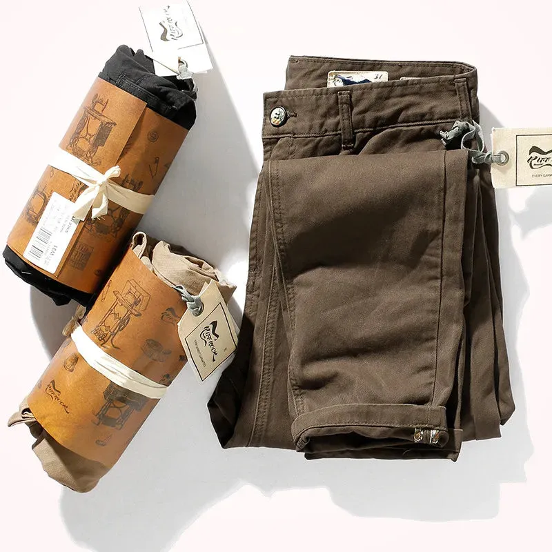 Men's Autumn and Winter Retro Heavyweight Twill Casual Pants - Pure Cotton Washed Old Straight Tapered Trousers