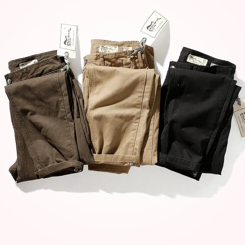 Men's Autumn and Winter Retro Heavyweight Twill Casual Pants - Pure Cotton Washed Old Straight Tapered Trousers