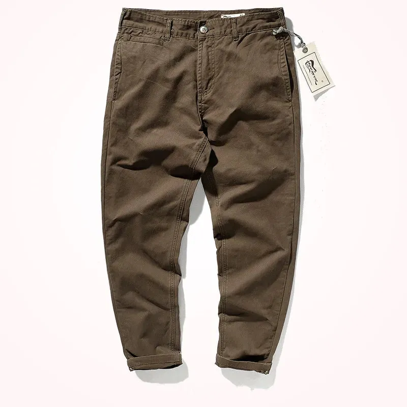 Men's Autumn and Winter Retro Heavyweight Twill Casual Pants - Pure Cotton Washed Old Straight Tapered Trousers
