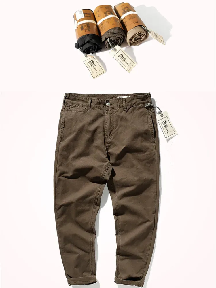 Men's Autumn and Winter Retro Heavyweight Twill Casual Pants - Pure Cotton Washed Old Straight Tapered Trousers
