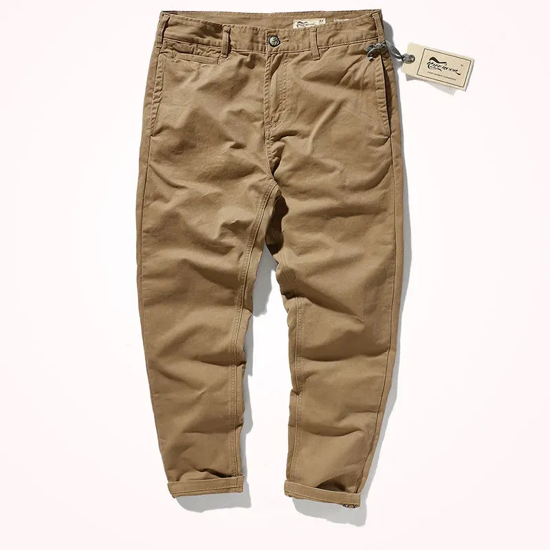 Men's Autumn and Winter Retro Heavyweight Twill Casual Pants - Pure Cotton Washed Old Straight Tapered Trousers