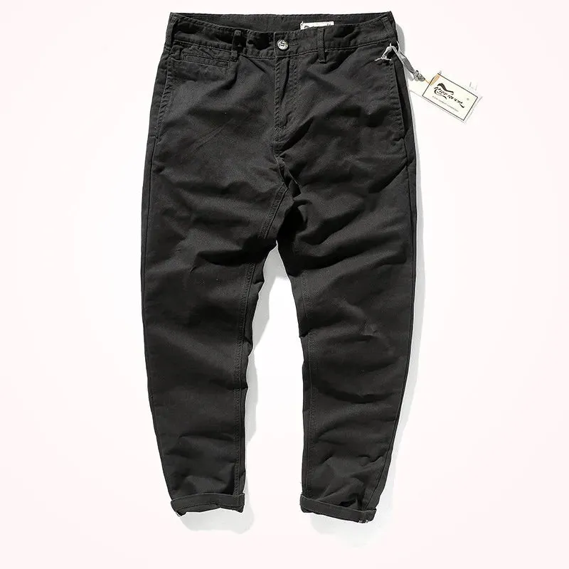 Men's Autumn and Winter Retro Heavyweight Twill Casual Pants - Pure Cotton Washed Old Straight Tapered Trousers