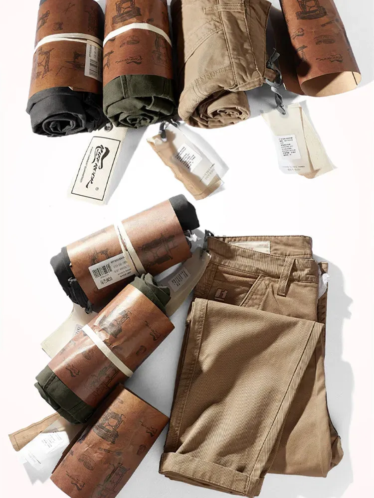 Men's Autumn Heavyweight Woven Tooling Pants - Fashion Twill Washed Old Casual Straight Tapered Trousers