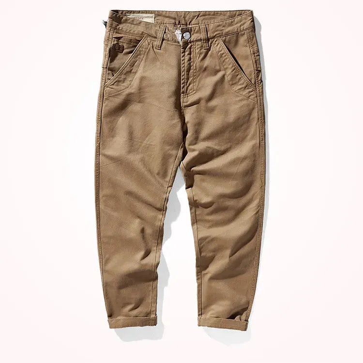 Men's Autumn Heavyweight Woven Tooling Pants - Fashion Twill Washed Old Casual Straight Tapered Trousers