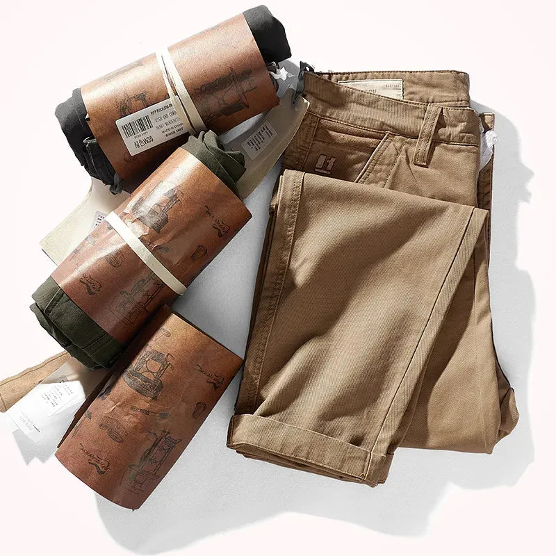 Men's Autumn Heavyweight Woven Tooling Pants - Fashion Twill Washed Old Casual Straight Tapered Trousers