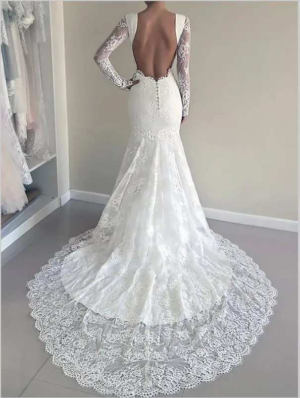 Mermaid Lace Scoop Long Sleeves Wedding Dresses Court Train Ball Gown