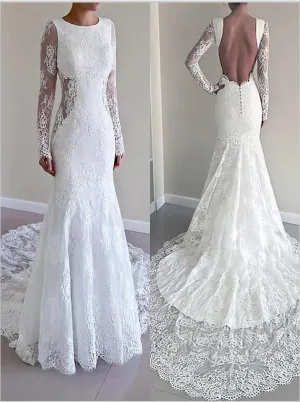Mermaid Lace Scoop Long Sleeves Wedding Dresses Court Train Ball Gown
