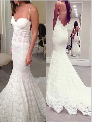 Mermaid Lace Spaghetti Straps Wedding Dresses,Backless Court Train Wedding Dresses