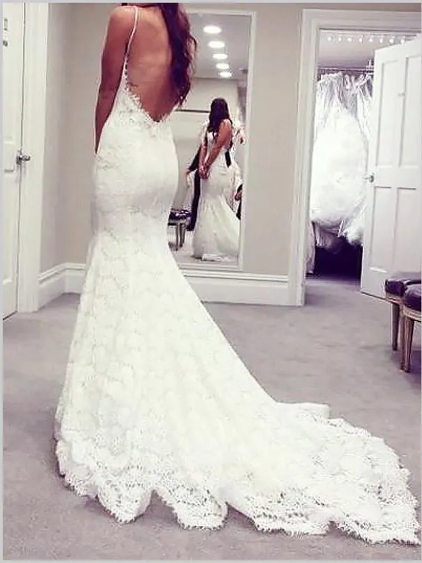 Mermaid Lace Spaghetti Straps Wedding Dresses,Backless Court Train Wedding Dresses