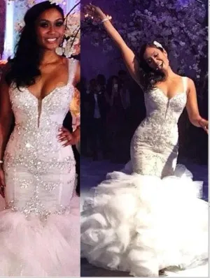 Mermaid Organza Straps Wedding Dresses,Beading V-neck Train Wedding Dresses