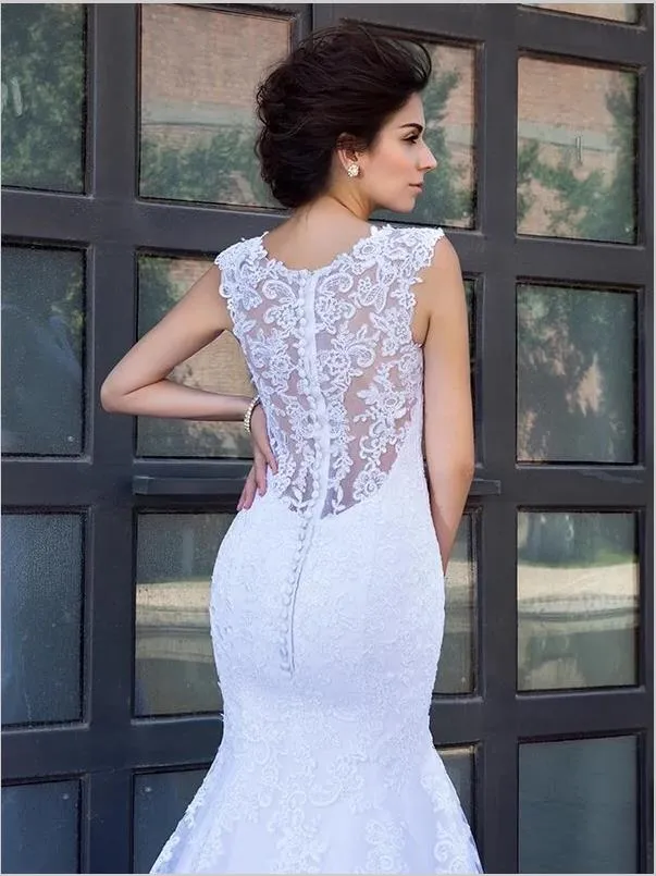 Mermaid Satin Applique Wedding Dresses,V-neck Sleeveless Wedding Dresses