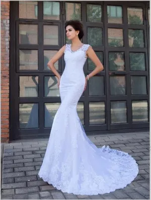 Mermaid Satin Applique Wedding Dresses,V-neck Sleeveless Wedding Dresses