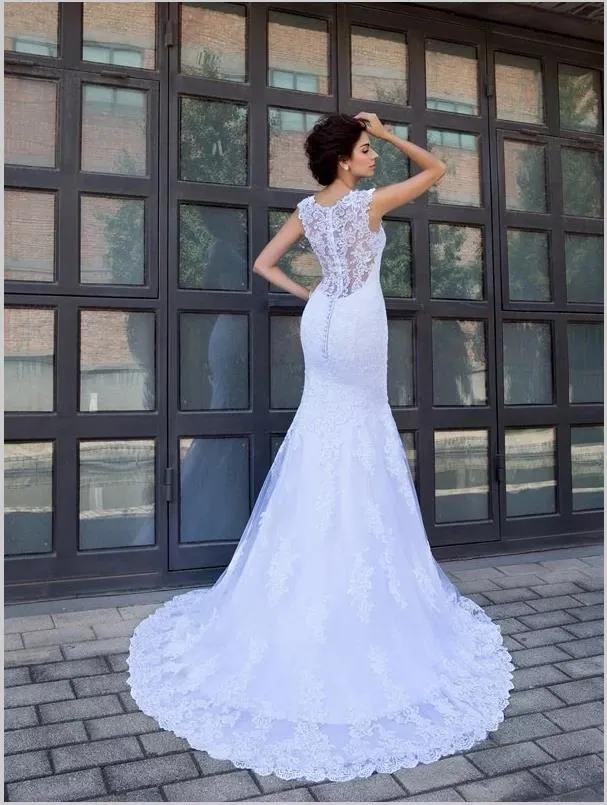Mermaid Satin Applique Wedding Dresses,V-neck Sleeveless Wedding Dresses