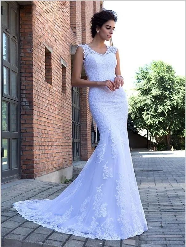 Mermaid Satin Applique Wedding Dresses,V-neck Sleeveless Wedding Dresses