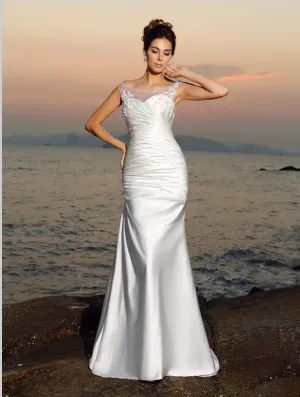 Mermaid Satin Sheath Scoop Beading Sleeveless Wedding Dresses