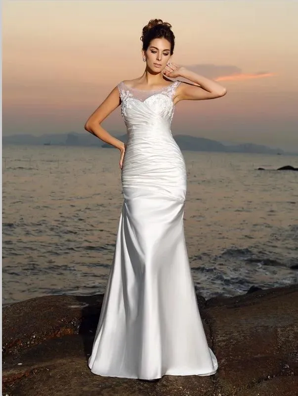 Mermaid Satin Sheath Scoop Beading Sleeveless Wedding Dresses