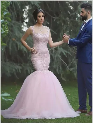 Mermaid Tulle Straps Sleeveless Wedding Dresses Brush Train Ball Gown