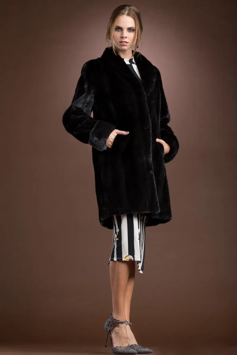 Mid-Length Mink Fur Coat - Shawl Collar - Turn Back Cuffs