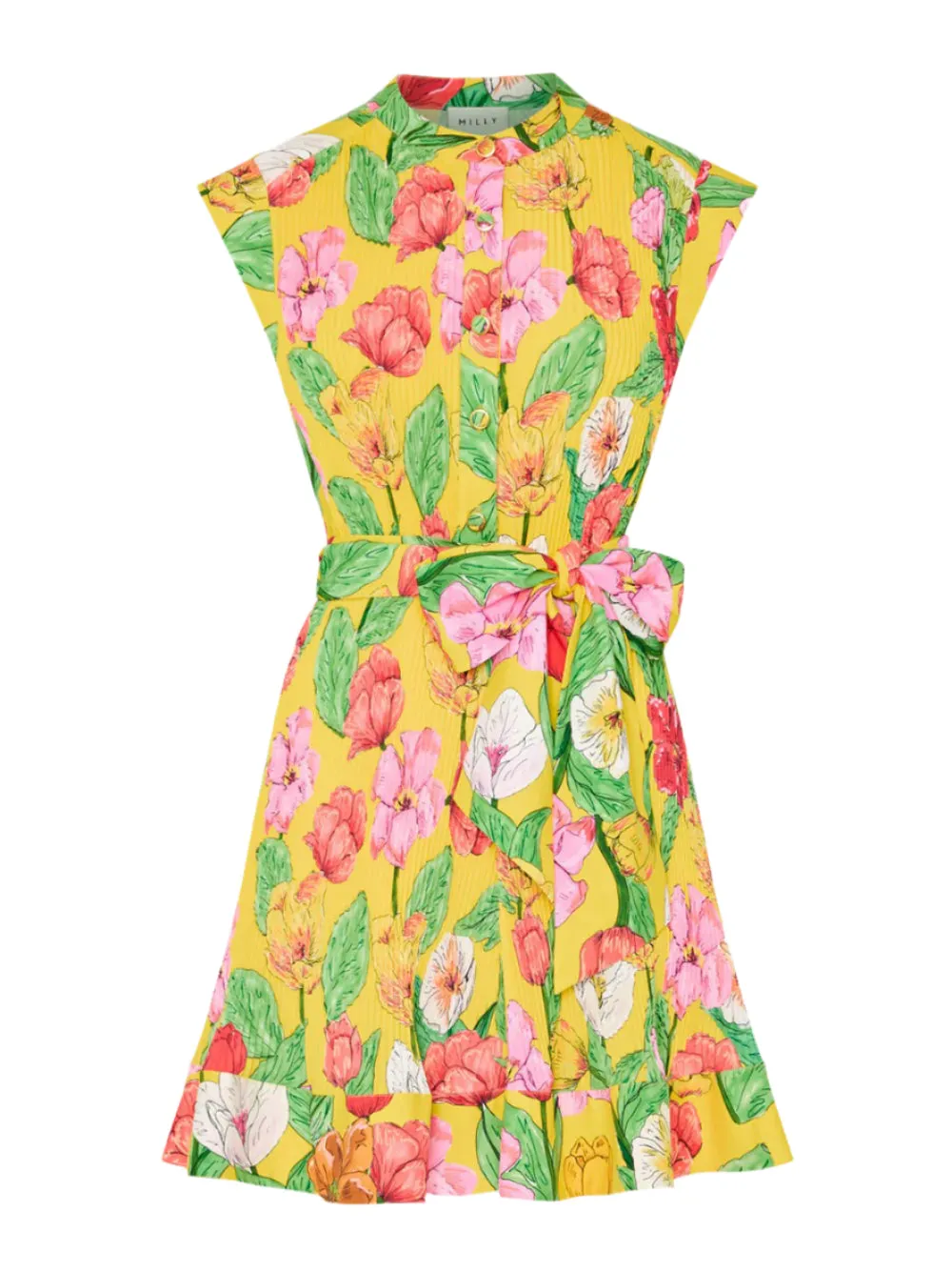 Milly Joan Tulip Rosette Pleated Dress in Yellow Multi