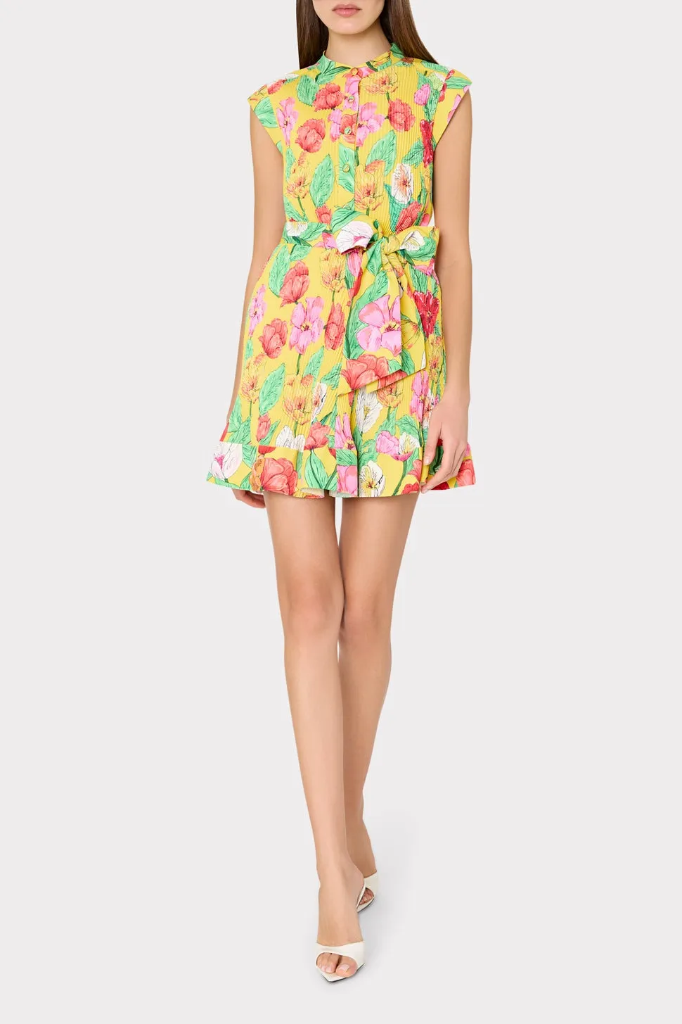 Milly Joan Tulip Rosette Pleated Dress in Yellow Multi