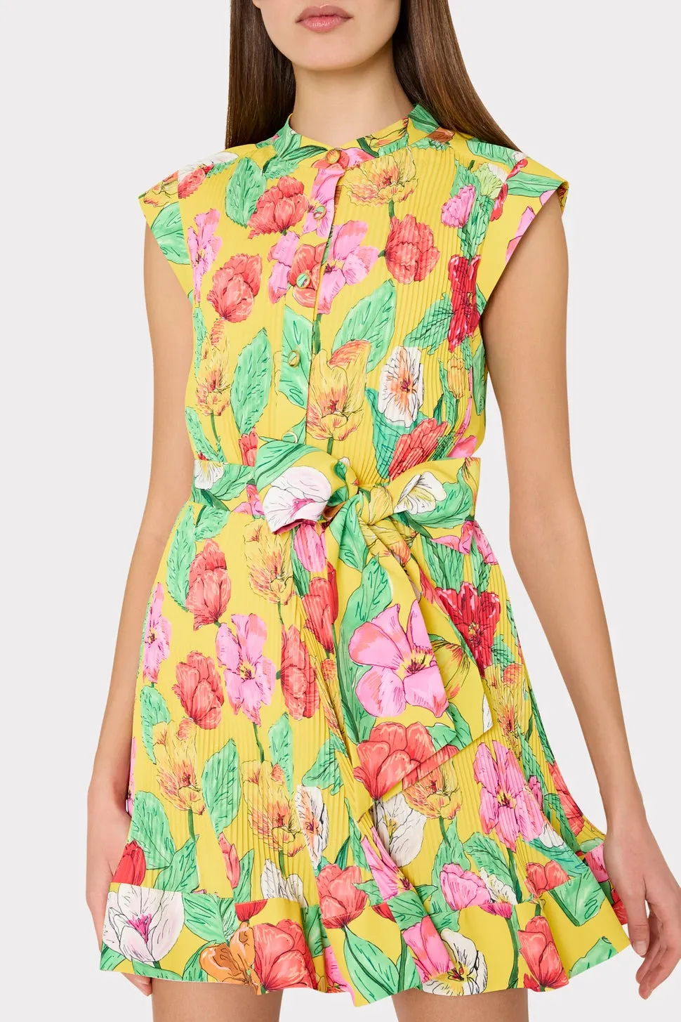 Milly Joan Tulip Rosette Pleated Dress in Yellow Multi