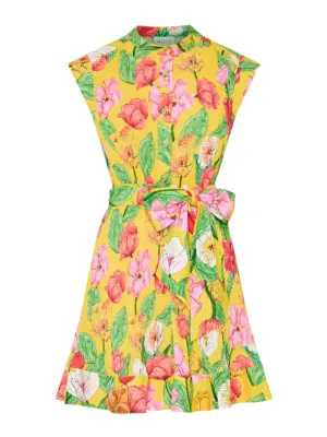 Milly Joan Tulip Rosette Pleated Dress in Yellow Multi