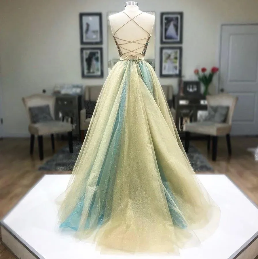 Modest Long Two Piece Prom Dresses Beaded Spaghetti Straps Evening Dress