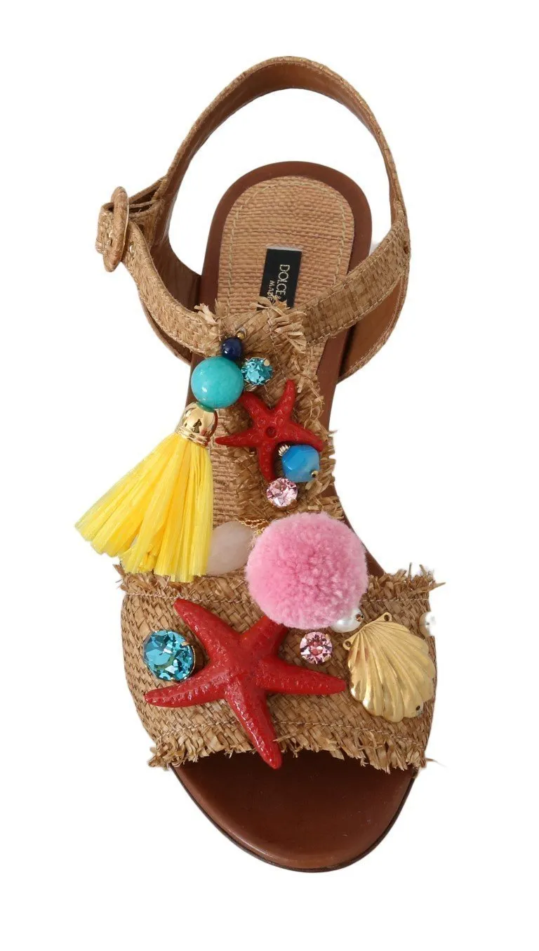 Multicolor Pom Pom Crystal Sea Straw Sandals
