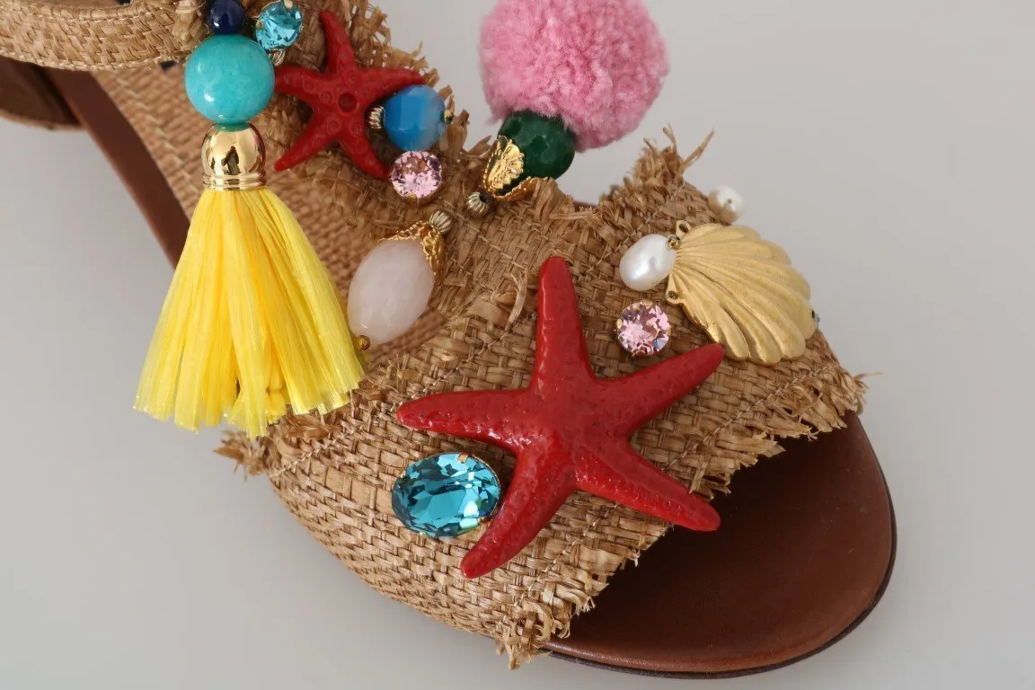 Multicolor Pom Pom Crystal Sea Straw Sandals