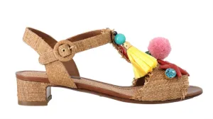 Multicolor Pom Pom Crystal Sea Straw Sandals