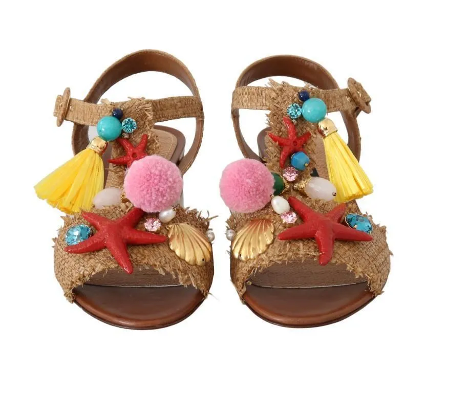 Multicolor Pom Pom Crystal Sea Straw Sandals