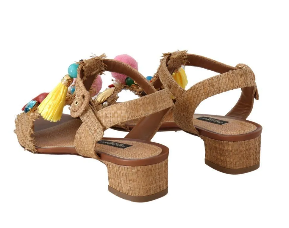 Multicolor Pom Pom Crystal Sea Straw Sandals