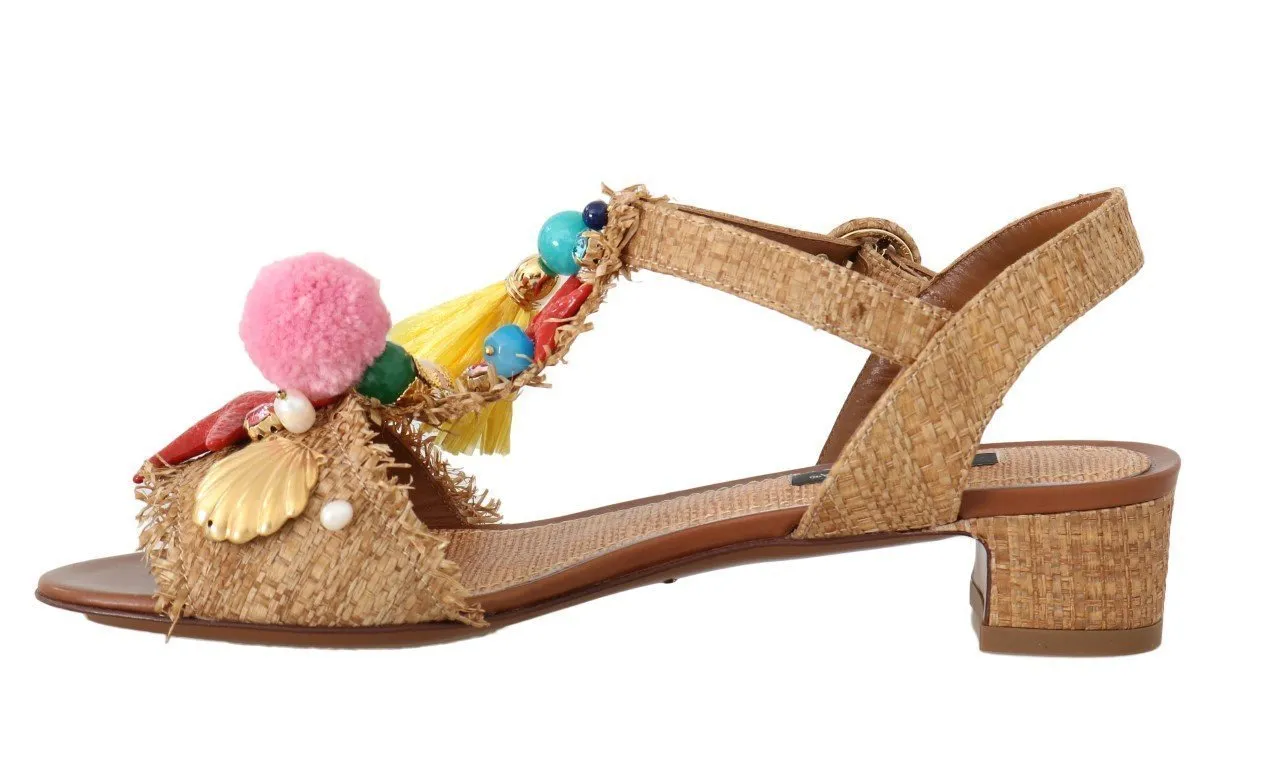Multicolor Pom Pom Crystal Sea Straw Sandals