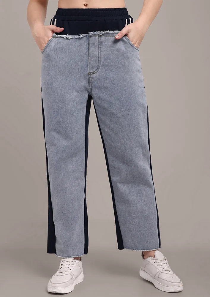 Navy Blue Trousers with Denim Front layer