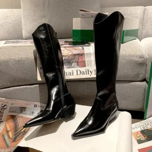 New Autumn Winter Women Metal Pointed Toe Knee High Boots