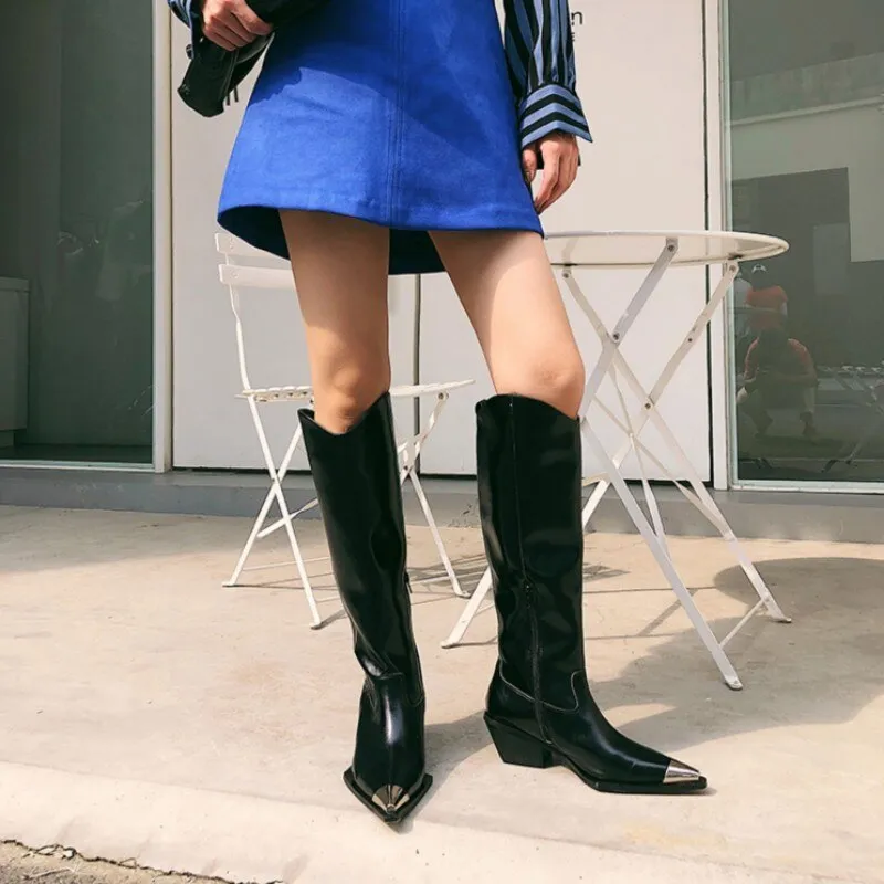 New Autumn Winter Women Metal Pointed Toe Knee High Boots