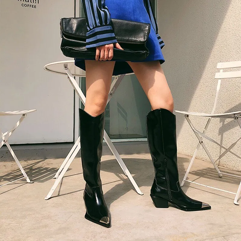 New Autumn Winter Women Metal Pointed Toe Knee High Boots