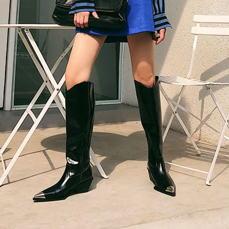 New Autumn Winter Women Metal Pointed Toe Knee High Boots