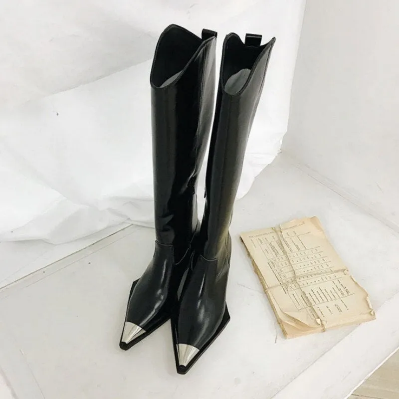 New Autumn Winter Women Metal Pointed Toe Knee High Boots