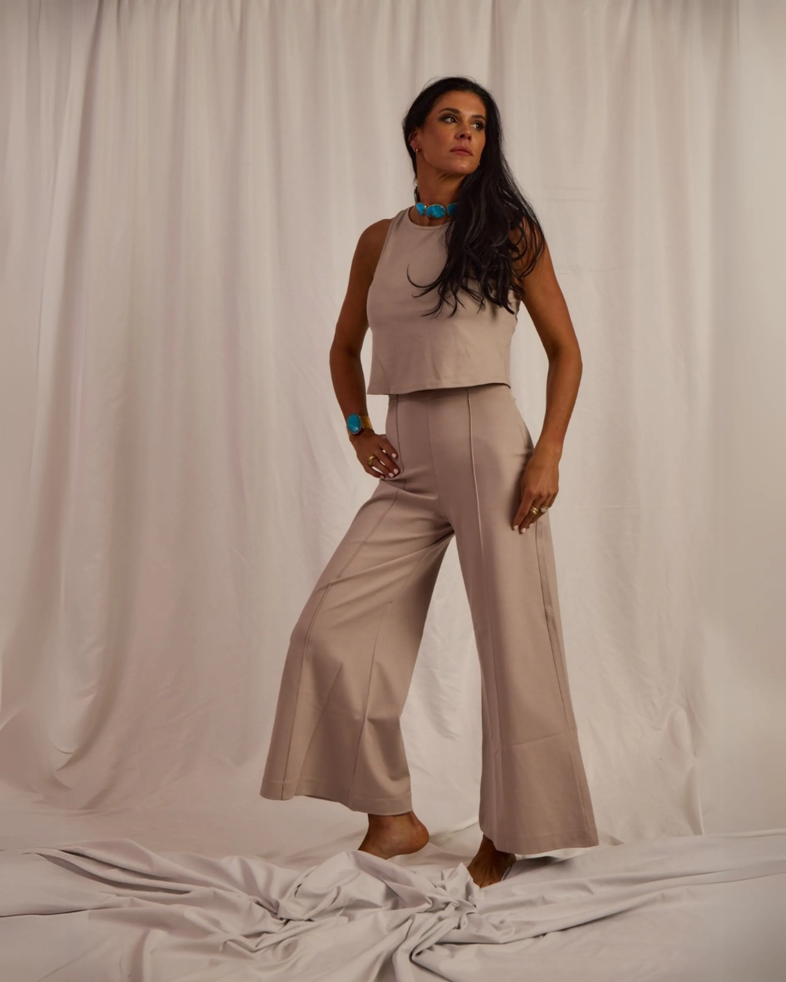 PONTE KNIT WIDE LEG PANT - CROPPED | CLAY