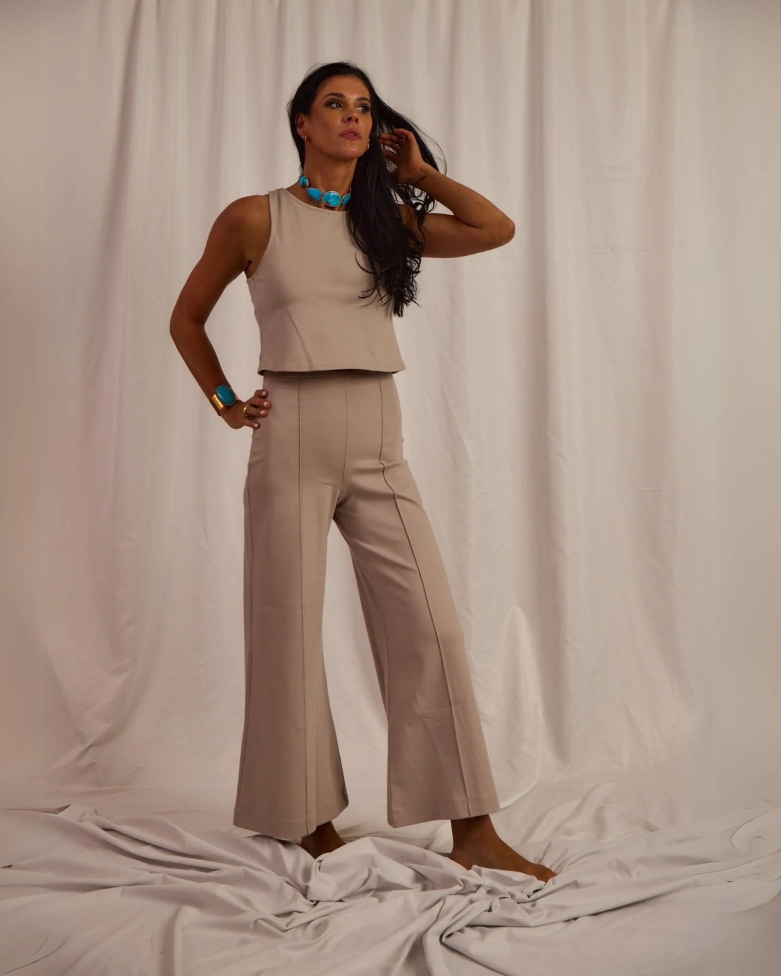PONTE KNIT WIDE LEG PANT - CROPPED | CLAY