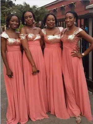Princess Chiffon Sleeveless Sequin Bridesmaid Dresses Floor Length