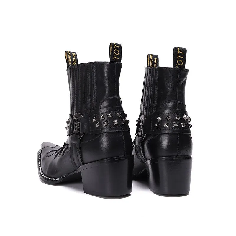 Punk Style Rivets Men Cowboy Short Boots Mid Heel
