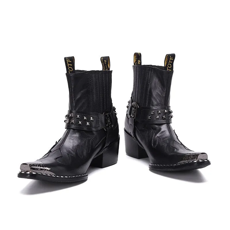 Punk Style Rivets Men Cowboy Short Boots Mid Heel